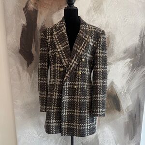 Herringbone Double-Breasted Coat with Gold Buttons